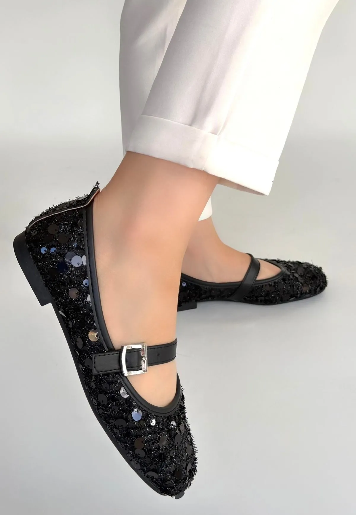 Zaty Siyah Süet Siyah Pullu Babet Ayakkabı