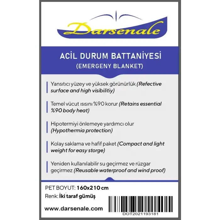 Darsenale Acil Durum Termal Battaniye Metalize Isı Yalıtımlı 160x210cm (Uzay Battaniye)