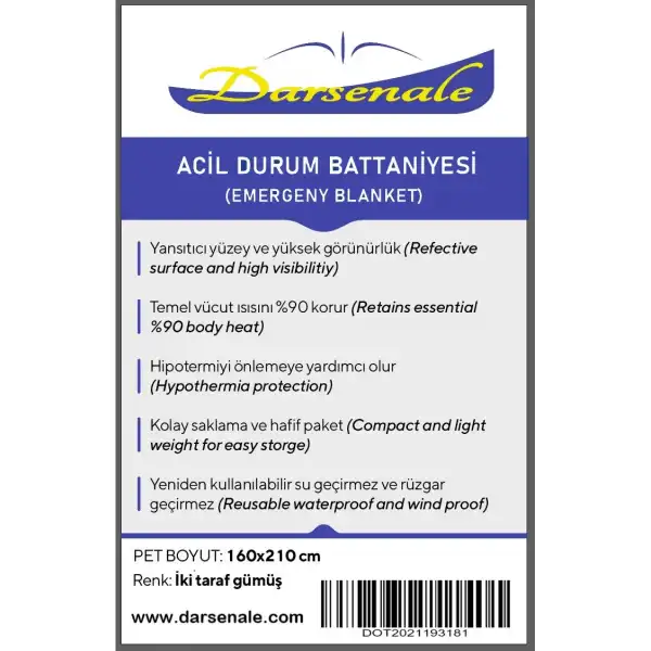Darsenale Acil Durum Termal Battaniye Metalize Isı Yalıtımlı 160x210cm (Uzay Battaniye)