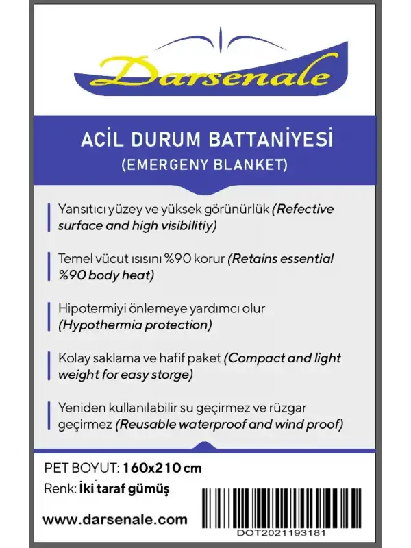 Darsenale Acil Durum Termal Battaniye Metalize Isı Yalıtımlı 160x210cm (Uzay Battaniye)