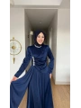 Yeni Sezon Lacivert Saten Kumaş Taşlı Abiye Modelimiz
