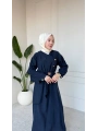 Lacivert Tensel Kumaş Sırtı Ve Kolları Fırfırlı Kemerli Elbise Modelimiz