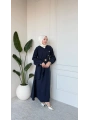 Lacivert Tensel Kumaş Sırtı Ve Kolları Fırfırlı Kemerli Elbise Modelimiz