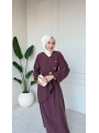 Mürdüm Tensel Kumaş Sırtı Ve Kolları Fırfırlı Kemerli Elbise Modelimiz