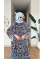 Lacivert Şifon Kumaş Beli Lastikli Çiçek Desenli Elbise Modelimiz