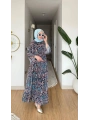 Lacivert Şifon Kumaş Beli Lastikli Çiçek Desenli Elbise Modelimiz