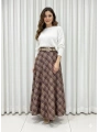 Sütlü Kahve Ekose Desenli Kumaş Kemerli Etek Modelimiz
