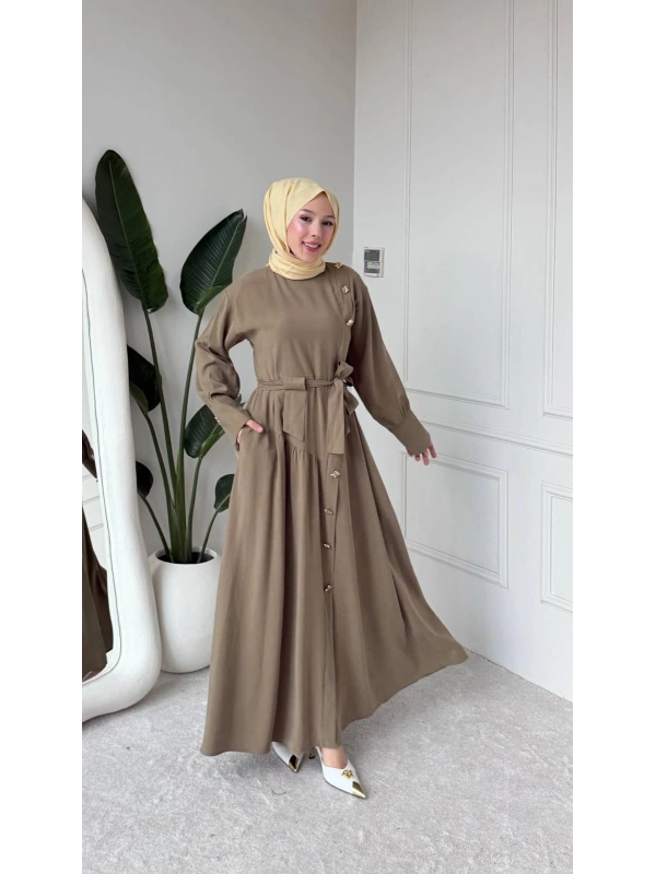 Haki Modal Kumaş Kuşaklı Düğmeli Elbise Modelimiz