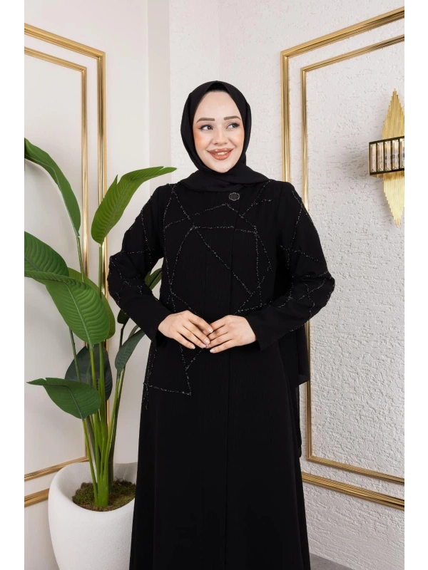 Siyah Petek Krep Kumaş Taş Detaylı Fermuarlı Ferace Modelimiz