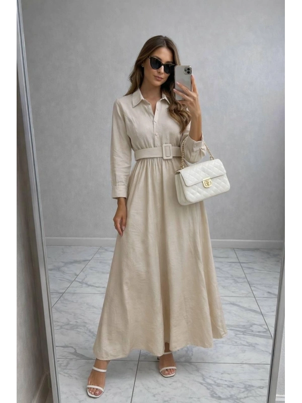 Bej Modal Kumaş Beli Lastikli Kemerli Elbise Modelimiz