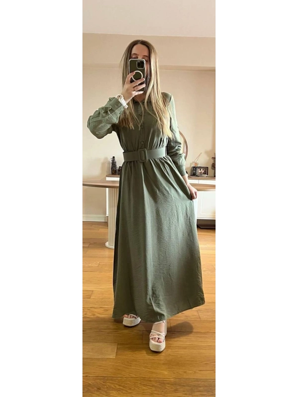 Yeşil Modal Kumaş Beli Lastikli Kemerli Elbise Modelimiz