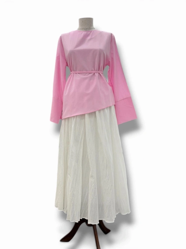 Pembe Poplin Kumaş Belden Bağlamalı Gömlek Modelimiz