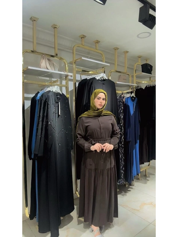 Kahve Rengi Cupra Modal Kumaş Düğmeli Elbise Modelimiz
