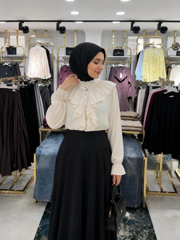 Bej Janjan Şifon Kumaş İçi Astarlı Gömlek Modelimiz