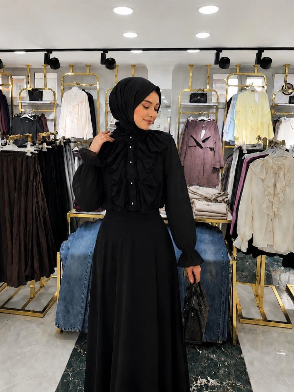Siyah Janjan Şifon Kumaş İçi Astarlı Gömlek Modelimiz
