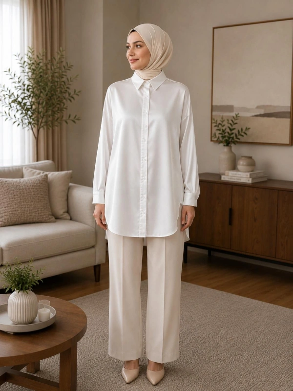 Beyaz Oversize Saten Kumaş Gömlek Modelimiz