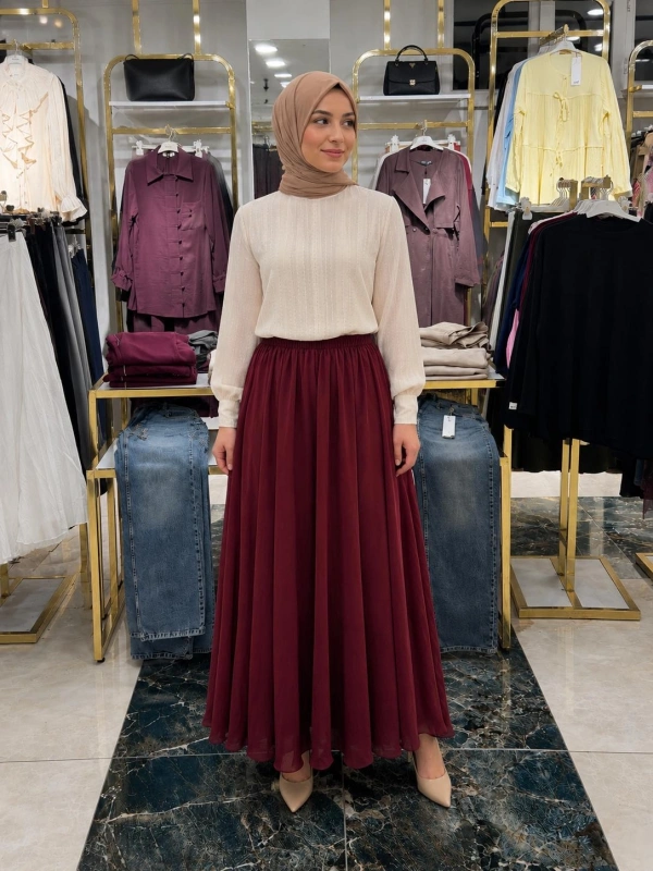 Bordo İçi Astarlı Beli Lastikli Kırışık Etek Modelimiz