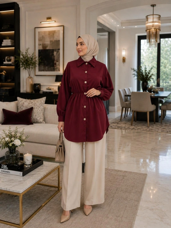 Bordo İnce Saten Belden Bağlamalı Gömlek Moodelimiz