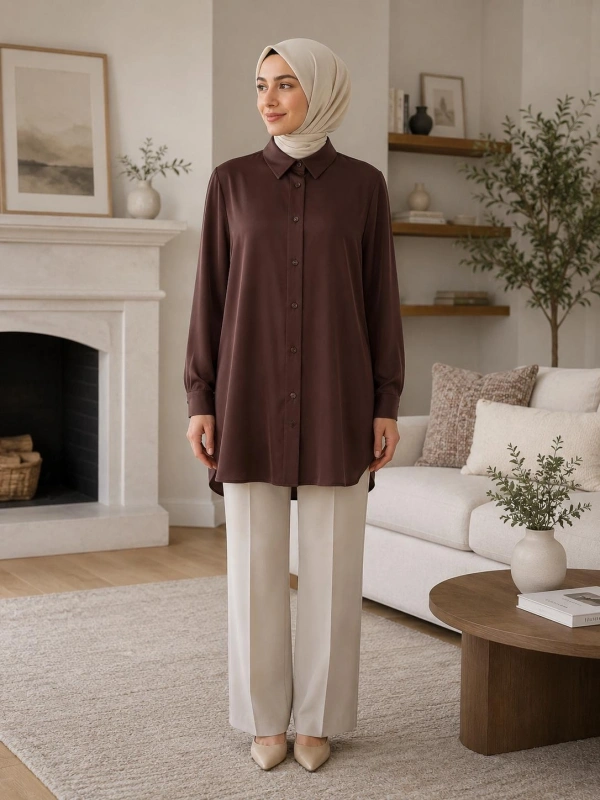 Kahverengi Oversize Saten Kumaş Gömlek Modelimiz