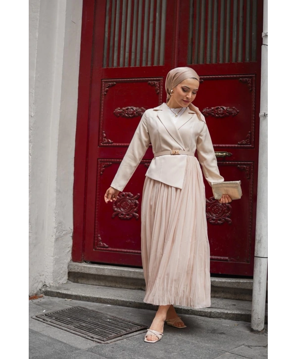 bej double şifon elbise