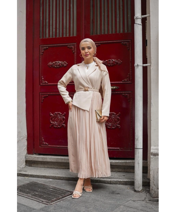 bej double şifon elbise