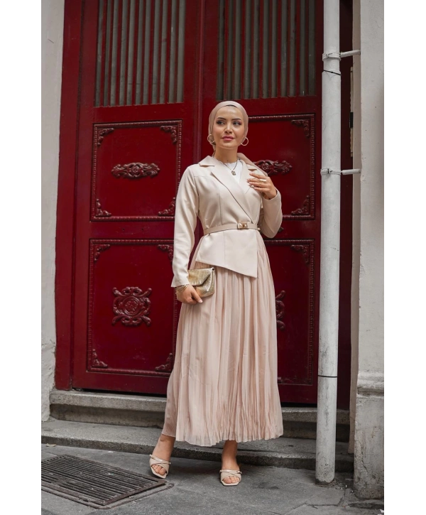 bej double şifon elbise