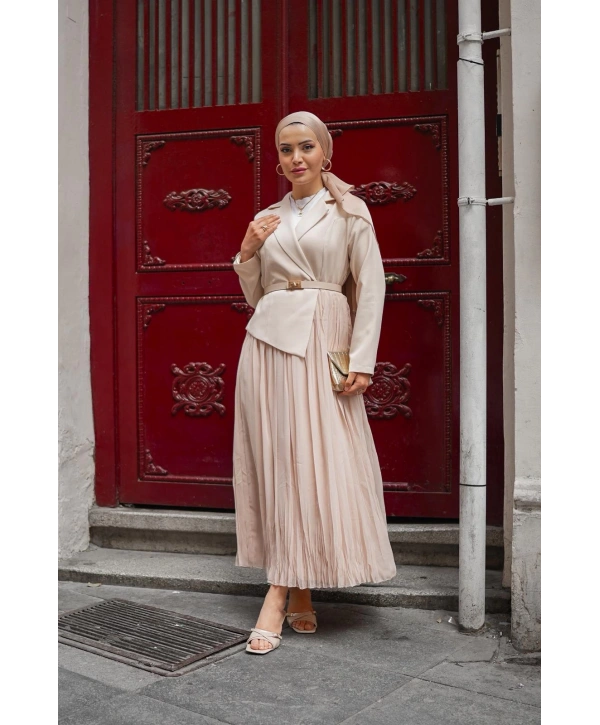 bej double şifon elbise