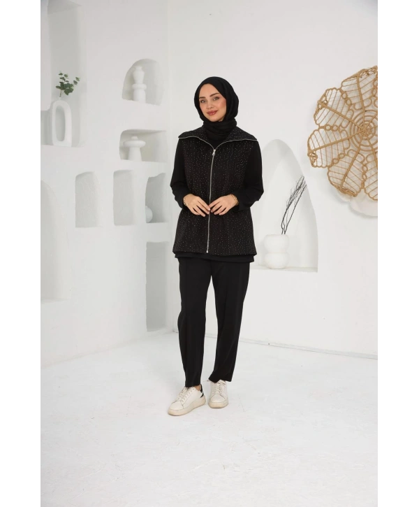 siyah takım ve taşlı kaşe yelekli 3 lü takım