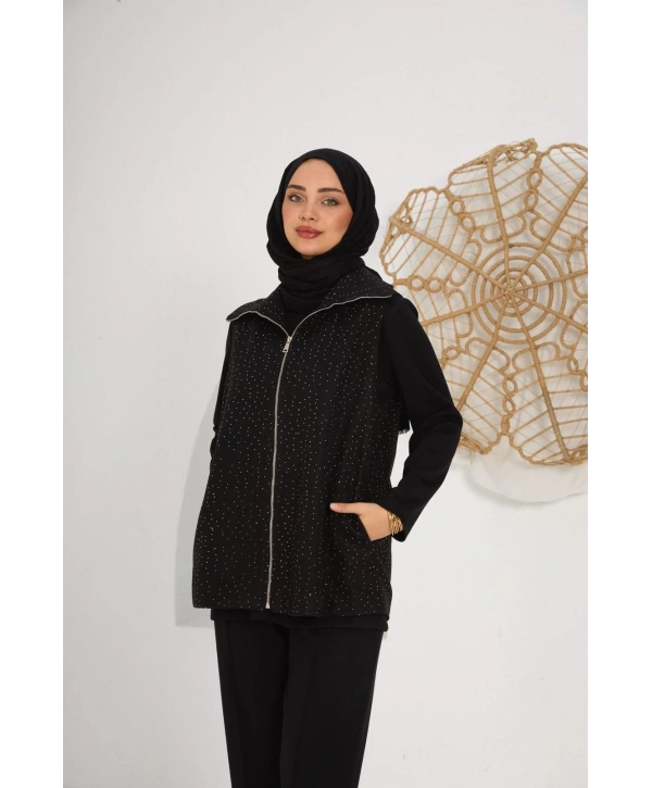 siyah takım ve taşlı kaşe yelekli 3 lü takım