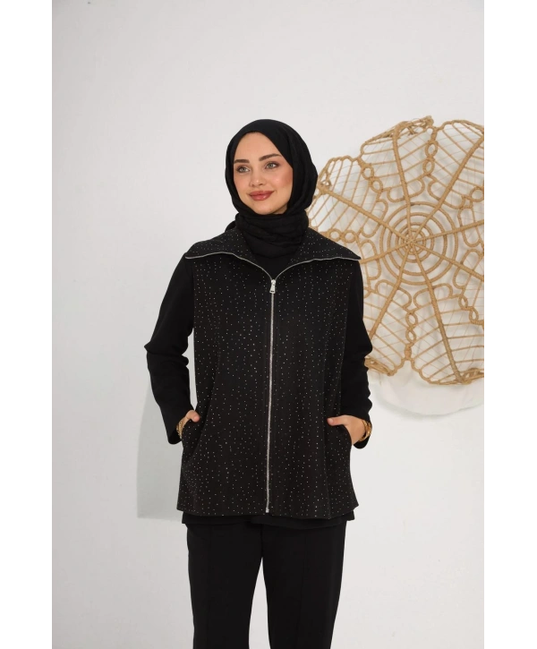 siyah takım ve taşlı kaşe yelekli 3 lü takım