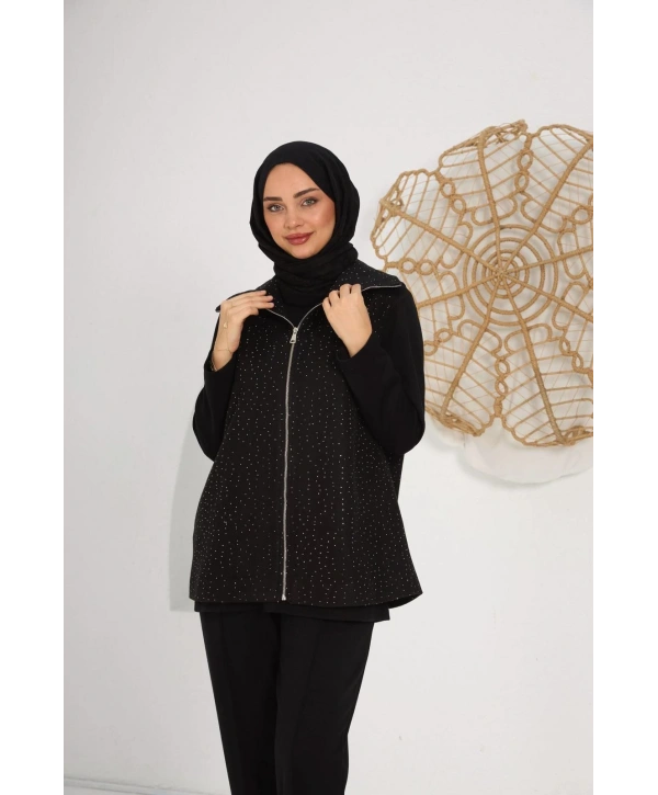 siyah takım ve taşlı kaşe yelekli 3 lü takım