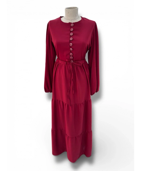 Kırmızı Belden Bağlamalı İnce Saten Kumaş Elbise Modelimiz