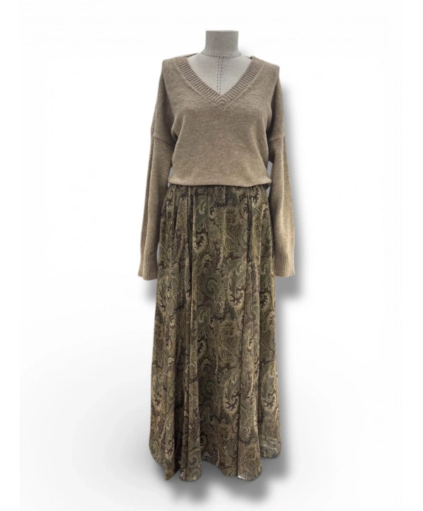 Sütlü Kahve Şal Desenli Şifon Etek Modelimiz