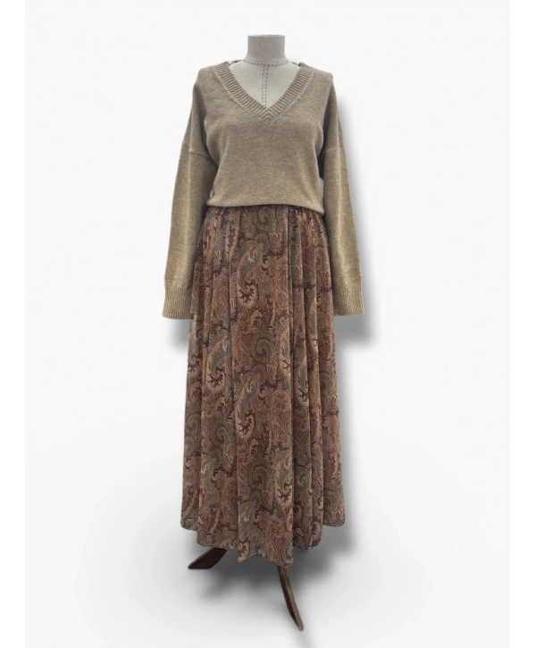 Haki Şal Desenli Şifon Kumaş Elbise Modelimiz