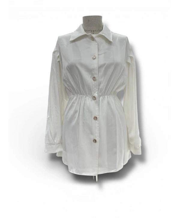 Beyaz İnce Saten Belden Bağlamalı Gömlek Moodelimiz