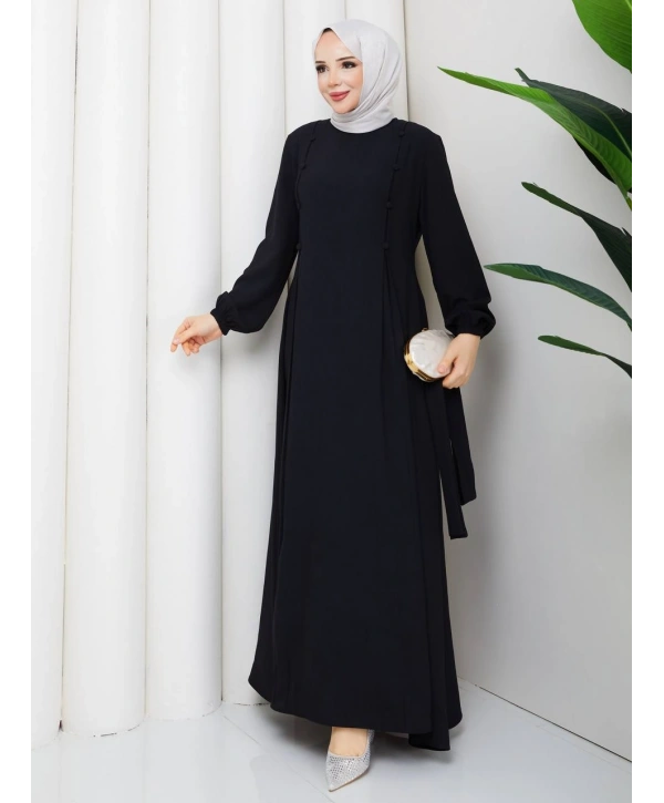 Siyah Krep Kumaş Kuşaklı Elbise Modelimiz