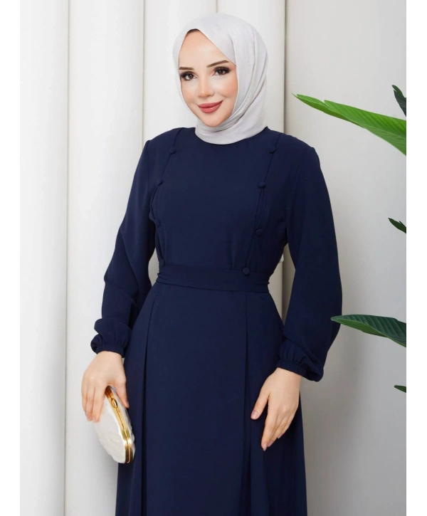 Lacivert Krep Kumaş Kuşaklı Elbise Modelimiz