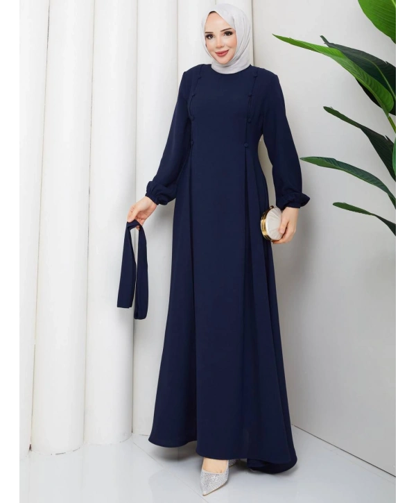Lacivert Krep Kumaş Kuşaklı Elbise Modelimiz