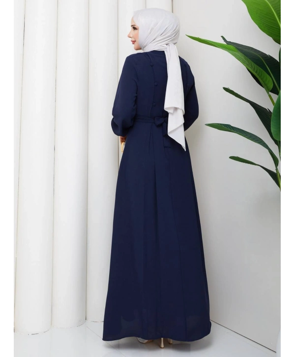 Lacivert Krep Kumaş Kuşaklı Elbise Modelimiz