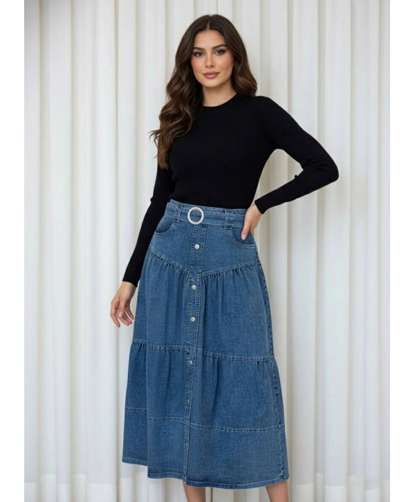 Mavi Kemerli Düğmeli Kot Etek Modelimiz