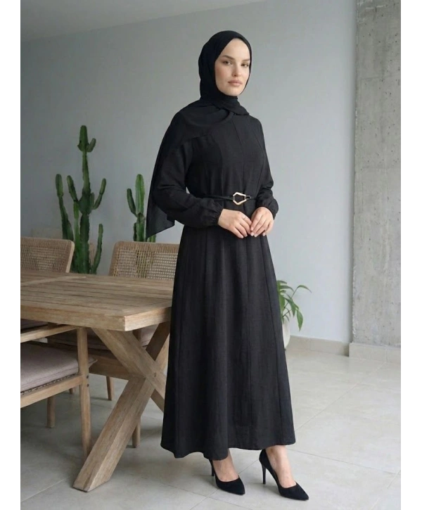 Siyah Modal Kumaş Kemerli Elbise Modelimiz