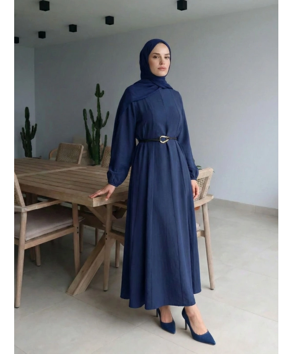 Lacivert Modal Kumaş Kemerli Elbise Modelimiz