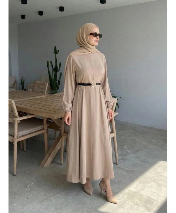 Bej Modal Kumaş Kemerli Elbise Modelimiz
