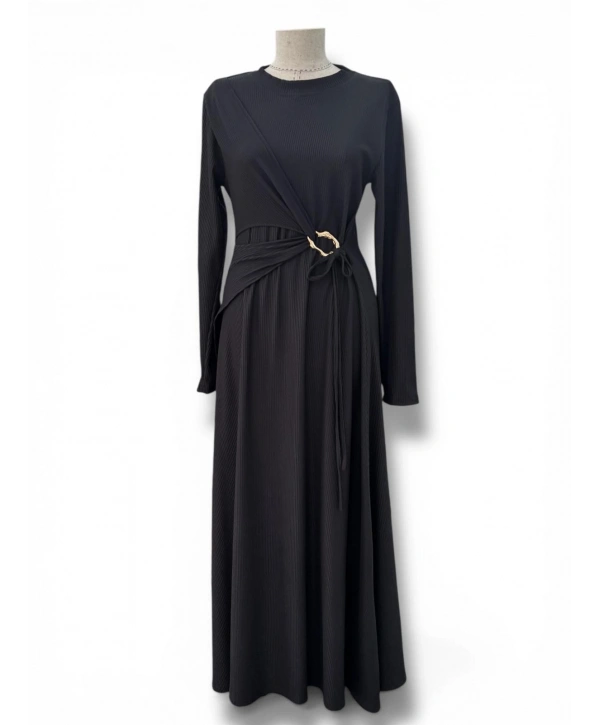 Siyah Ottoban Kumaş Önden Bağlamalı Elbise Modelimiz