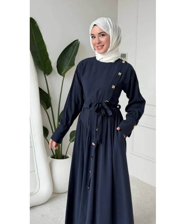 Lacivert Modal Kumaş Kuşaklı Düğmeli Elbise Modelimiz