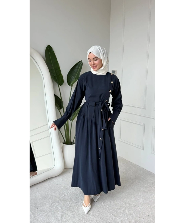 Lacivert Modal Kumaş Kuşaklı Düğmeli Elbise Modelimiz