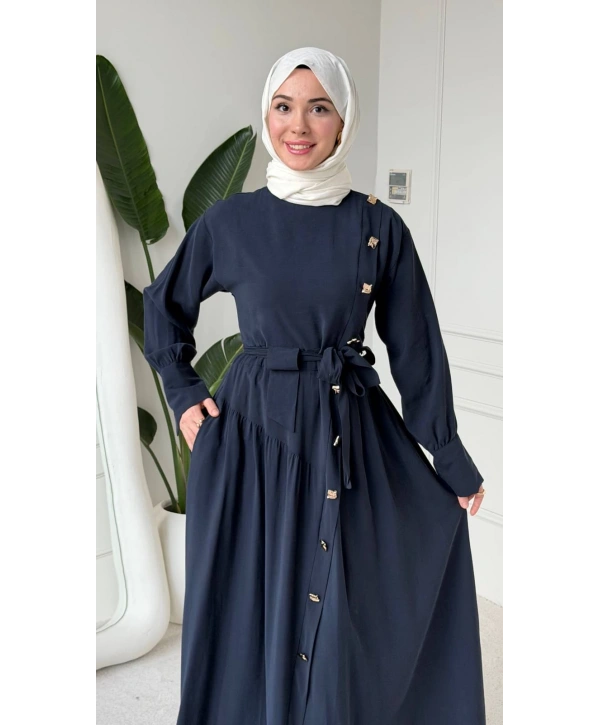 Lacivert Modal Kumaş Kuşaklı Düğmeli Elbise Modelimiz