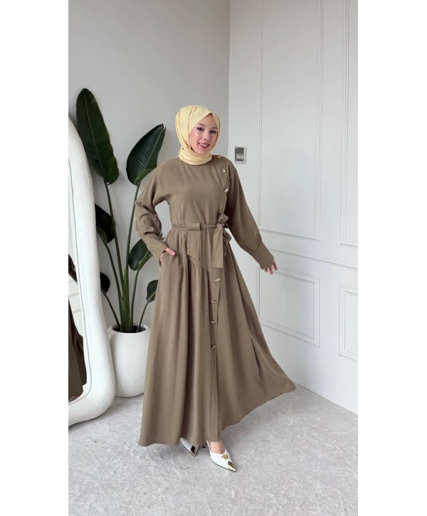 Haki Modal Kumaş Kuşaklı Düğmeli Elbise Modelimiz