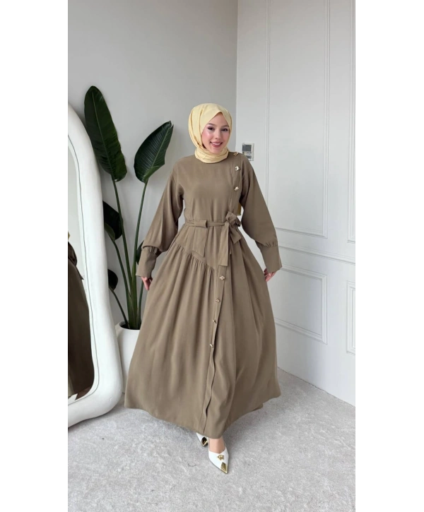 Haki Modal Kumaş Kuşaklı Düğmeli Elbise Modelimiz