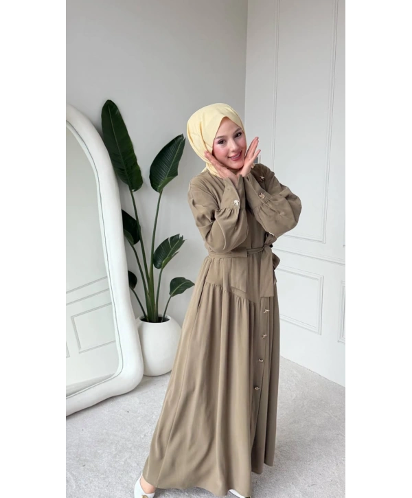 Haki Modal Kumaş Kuşaklı Düğmeli Elbise Modelimiz